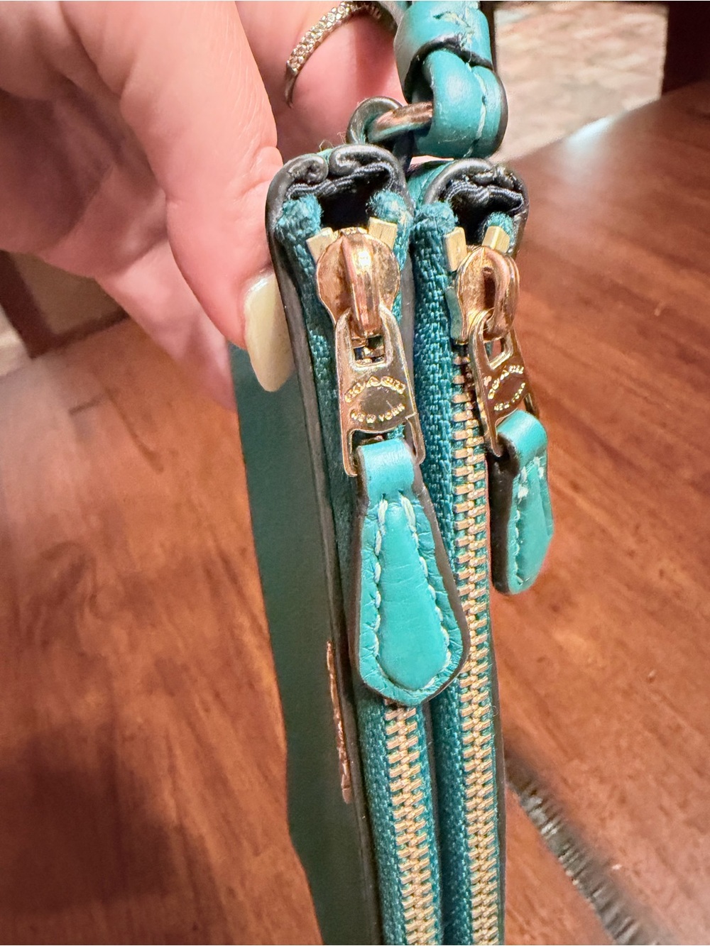 Coach Green Double Corner Zip Pebbled Leather Wristlet - Picture 4 of 8